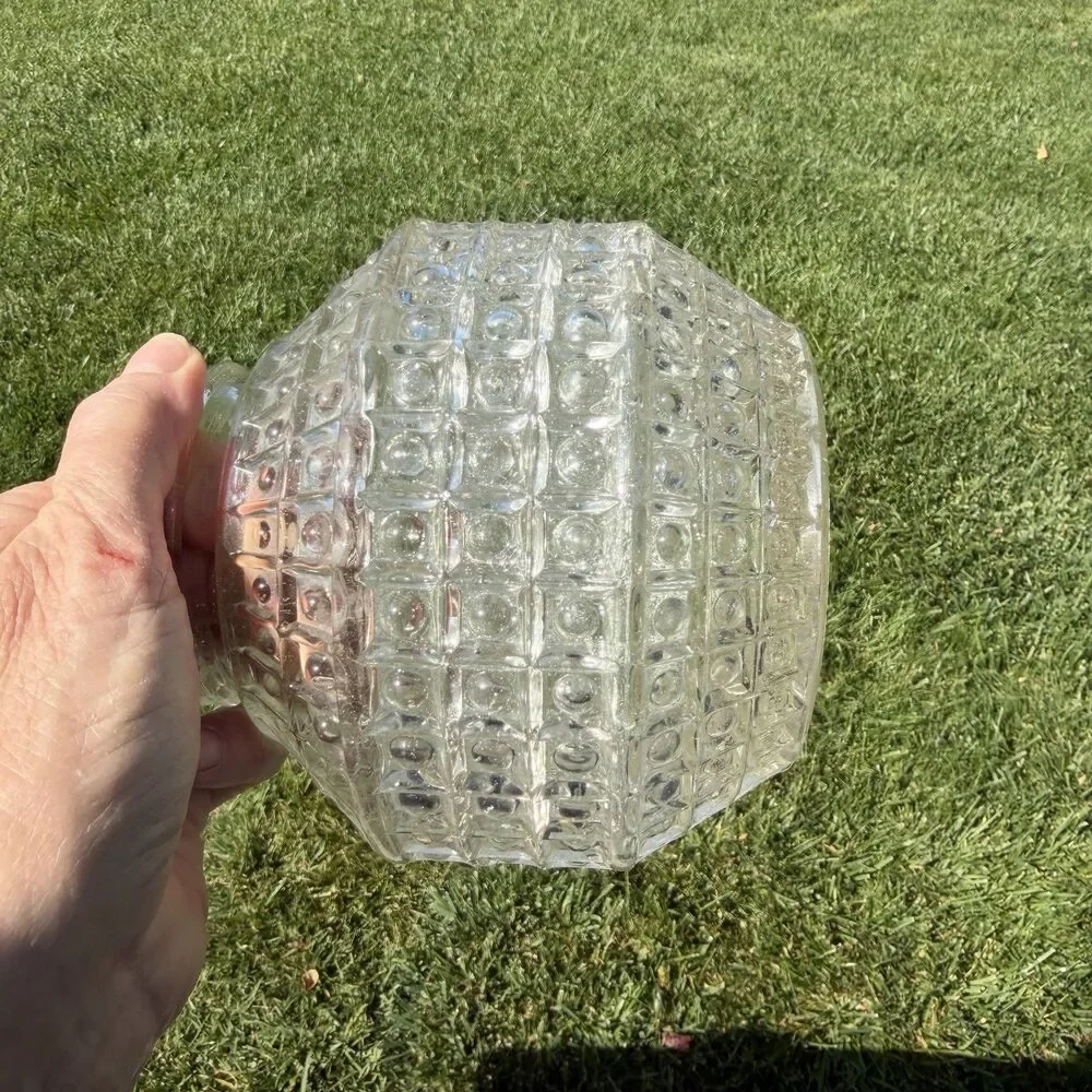 Vtg Waffle Block Pattern Flush Mount Clear Glass Ball Globe Shade Light Fixture